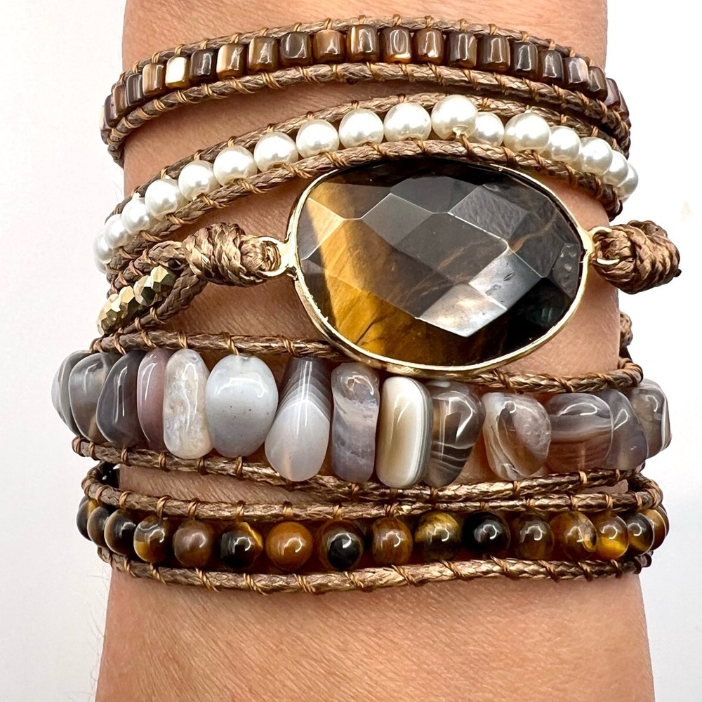 Tiger’s Eye + Botswana Agate Wrap Bracelet - Picture 2 of 5